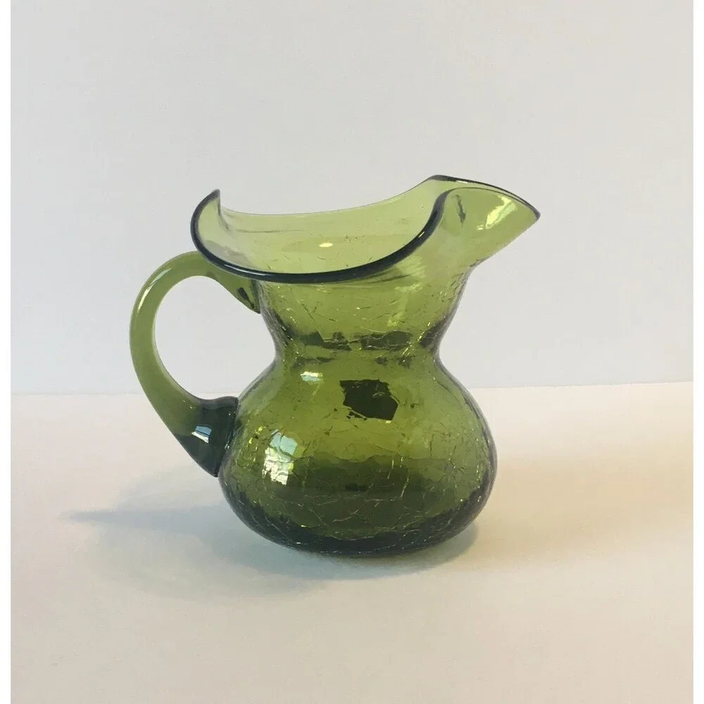 Vintage Rainbow Crackle Glass Pitcher Green Mid Century Art Glass Mini Pitcher